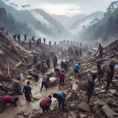 many people are digging through the mud and debris