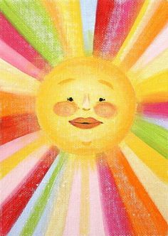 a painting of a smiling sun with rainbow stripes on it's face and eyes