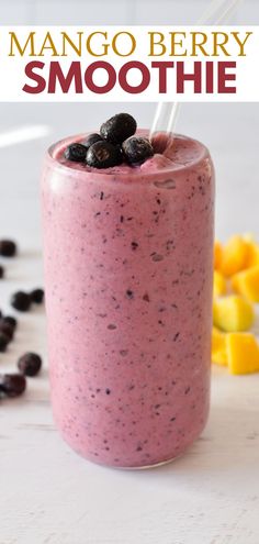 a mango blueberry smoothie Blueberry Mango Smoothie, Strawberry Blueberry Smoothie, Frozen Fruit Recipes, Blueberries And Strawberries, Blueberry Smoothie Recipe, Mango Pineapple Smoothie, Blueberry Banana Smoothie