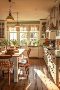 a kitchen filled with lots of furniture and wooden flooring next to a stove top oven