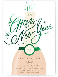 a new year's eve party card with a champagne bottle and green lettering on it