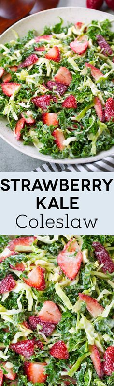 strawberry kale coleslaw salad with strawberries on top and in the middle