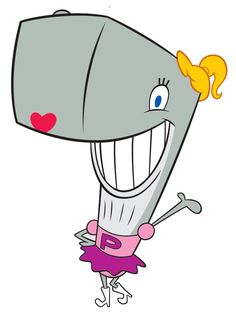 a cartoon character with a big smile on his face and arms, holding onto a large metal object