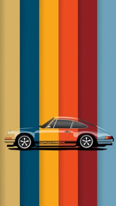 a car is parked in front of a multi - colored background with vertical stripes on it