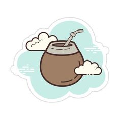 a sticker with a cartoon image of a drink in a cup and clouds around it