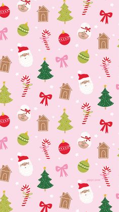 a pink background with christmas trees and ornaments on it's sides, including santa claus