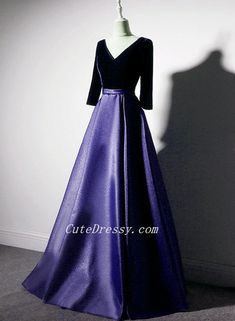 Purple Satin with Velvet Long Party Dress Formal Dress, Purple Evening Dresses Formal Dress Purple, Velvet Dresses Outfit, Uzun Boy, Party Dress Formal, Purple Evening Dress, Long Party Dress, Color Rush, Velvet Dresses, Purple Satin