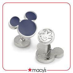 mickey mouse cufflinks are shown in silver and blue