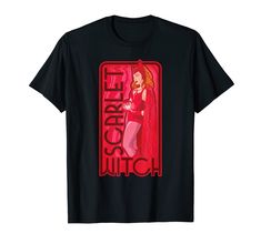 a black t - shirt with an image of a woman in red on the front