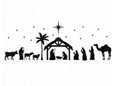 a nativity scene with the birth of jesus and three wise men in silhouettes