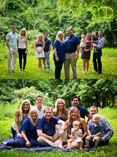 a group of people that are standing in the grass with some trees and bushes behind them