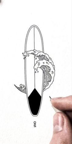 a drawing of a surfboard with waves coming out of the bottom and on top