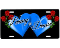 two blue hearts with roses on them and the words henry and denise written in white