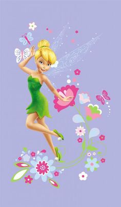 a cartoon tinkerbell flying through the air with flowers and butterflies on it's back