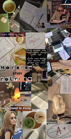 a collage of photos with writing and pictures on them including books, papers, laptops