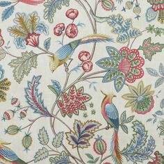 an old wallpaper with birds and flowers on white background, including red, green, blue, yellow and pink colors