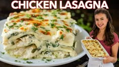 a woman holding a plate with chicken lasagna on it and the words chicken lasagna in front of her