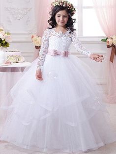 Princess Style White Floor-length Ball Gown, White Princess Ball Gown Floor-length, White Princess Floor-length Ball Gown, Long Sleeve Tulle Dress For Pageants, White Long Sleeve Tulle Gown, White Long Sleeve Princess Dress, Long Sleeve Ruffled Dress For Pageants, White Floor-length Pageant Dress, White Long Sleeve Ball Gown For Pageant