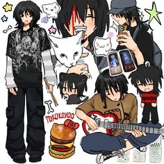 some anime characters are holding their cell phones and looking at the same image as they play guitar