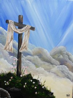 a painting of a cross on top of a hill