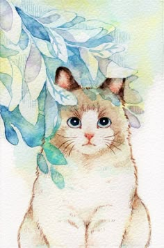 a watercolor painting of a cat with leaves on its head