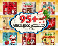 the christmas tumbler bundle is on display in front of a shelf with santa claus and other