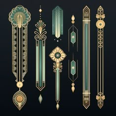 an assortment of art deco design elements in gold and green on a black background illustration