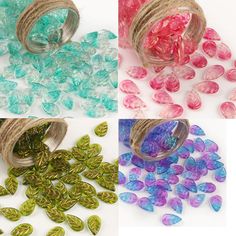 four different colors of glass beads are shown in three pictures, one is green and the other is pink