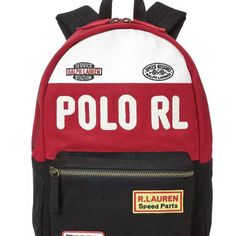 Polo Ralph Lauren Backpack New With Tag Red Travel Bags With Logo, Sporty White Bag With Logo, Functional White Bags With Logo, Functional White Bag With Logo, Sporty Backpack With Logo Patch, White Logo Backpack For Everyday Use, White Backpack With Logo, White Logo Backpack, Sporty Standard Backpack With Logo Patch