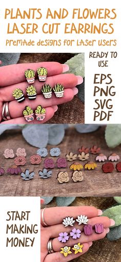 the instructions for how to make flower studs and flowers laser cut earrings are shown