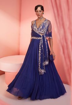 Sanya Gulati-Ink Blue Pleated Lehenga Set-INDIASPOPUP.COM Blue Georgette Lehenga, Indian Bridesmaids, Georgette Lehenga, Corset Blouse, Blue Lehenga, Sanya, Ink Blue, Indian Fashion Designers, Net Dupatta