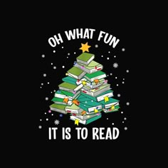 a christmas tree made out of books with the words oh what fun it is to read