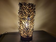 a lamp that is made out of branches and has a light bulb on the side