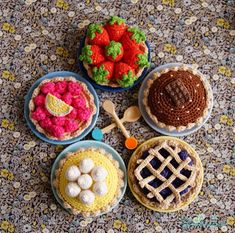 there are many different types of food on the table together, including pies and waffles