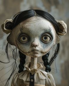 a creepy doll with long hair and big eyes