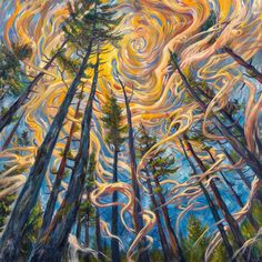 an oil painting of trees with swirls in the sky