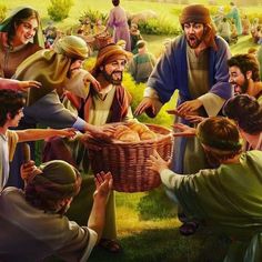 a painting of jesus handing bread to the people