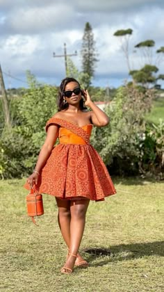 Orange Traditional Outfits, Orange Shweshwe Dresses, Orange Dress Wedding Guest, African Fabric Patterns