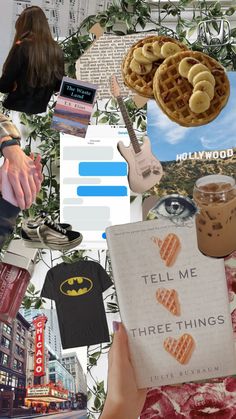 a collage of photos with food and words on them, including a person holding a book