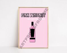 a pink poster with a bottle of wine on it