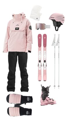 a snowboarder's gear including skis, helmet and gloves is shown