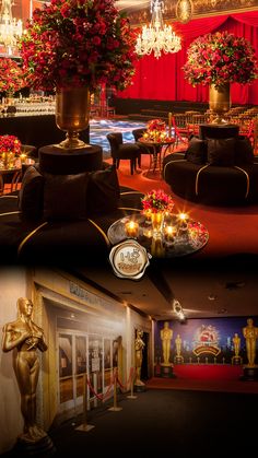 two pictures of the inside of a restaurant with chandeliers and flowers in vases