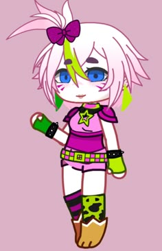 an anime character with blue eyes and pink hair, holding a green object in her hand