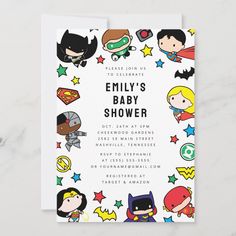 a baby shower with cartoon characters and stars on the bottom, including batman, superman, wonder