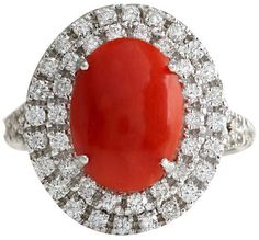 14K White Gold Red Coral Diamond Ring Size 6.75 Coral Rings, Coral Ring, Rings Diamond, Natural Coral, Gold Diamond Jewelry, White Gold Jewelry, 14k White Gold Ring