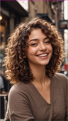 Her captivating smile and hairstyle truly catch the eye! Curly Hairstyles Layers Medium, Chic Curly Bob, Haircuts For Girls With Curly Hair, Layered Bob Curly Hair, Bob Cut For Curly Hair, Haïr Cut For Curly Hair, Short Curly Layered Hair, Long Bob Curly Hair