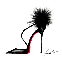 a drawing of a high heeled shoe with black feathers on the top and bottom