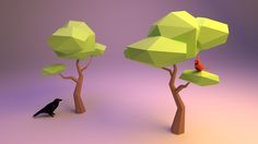 two low poly trees with birds on them