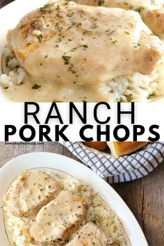 ranch pork chops with rice and gravy on the side