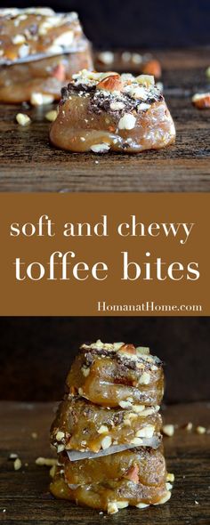 soft and chewy toffee bites stacked on top of each other with nuts